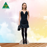 Cardboard cutout of a woman in a black dress with 'Australian Made' logo in the corner.